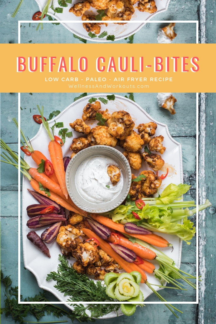 Learn how to make crispy healthy, low-carb paleo Buffalo Cauliflower Bites in your air fryer. Recipe also has a dairy free ranch dressing. #lowcarb #paleo #airfryerrecipe