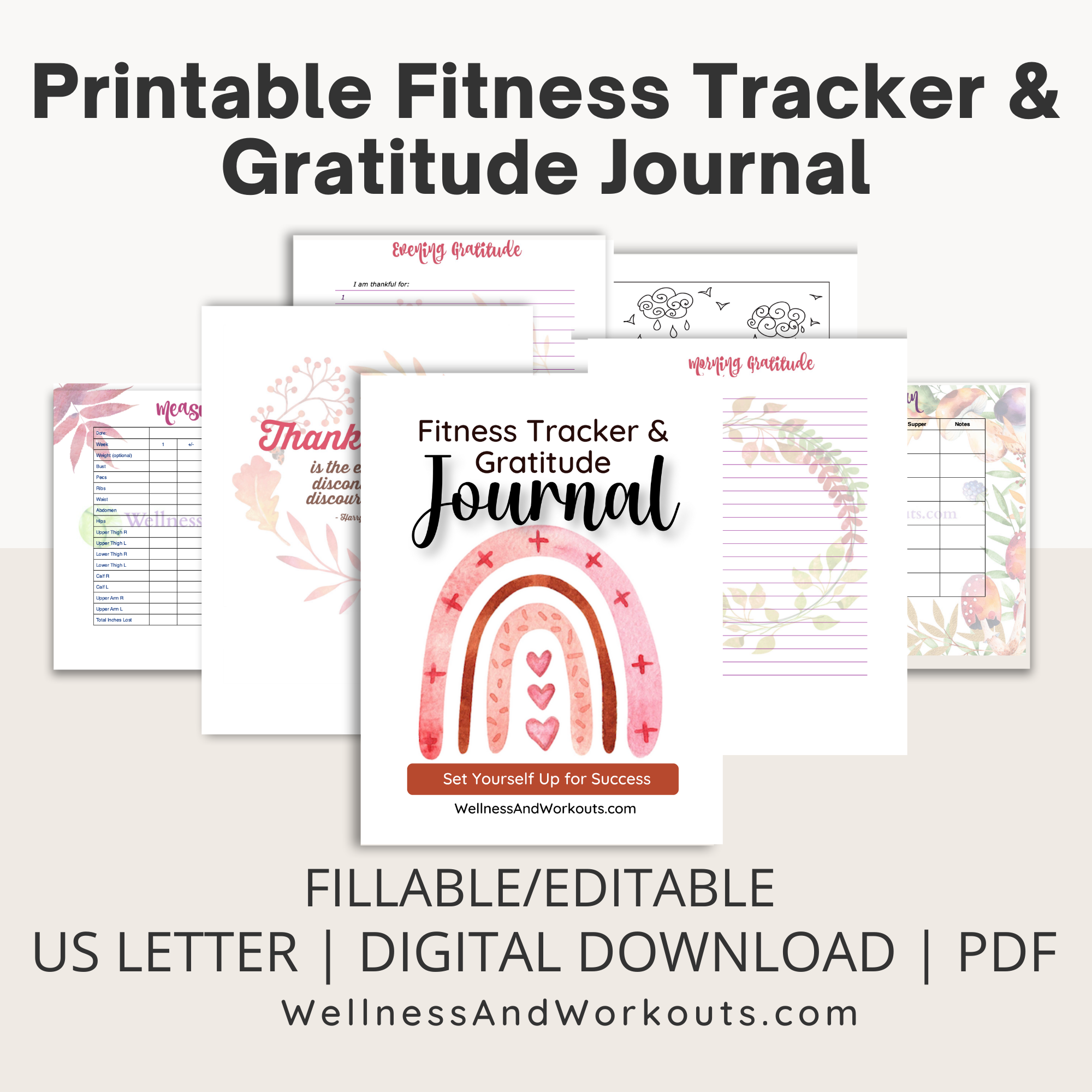Printable giveaways August 2023 image showing the fall fitness tracker and gratitude journal boho rainbow cover, one of eight different printable products that you can enter to win in August 2023.