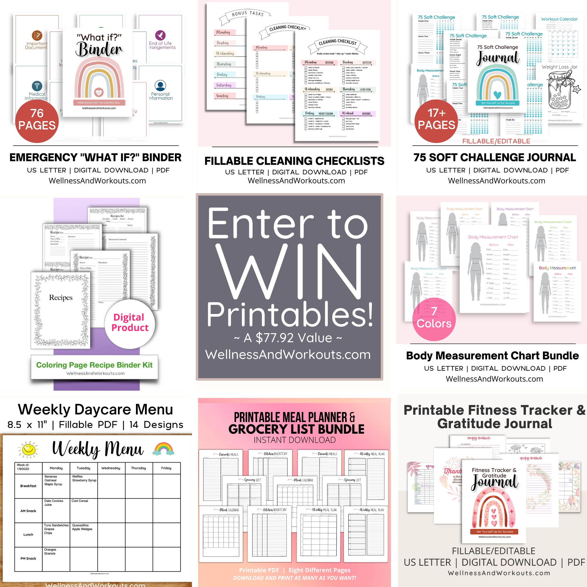 Printable giveaways August 2023 square image showing eight different printable products that you can enter to win in August 2023.
