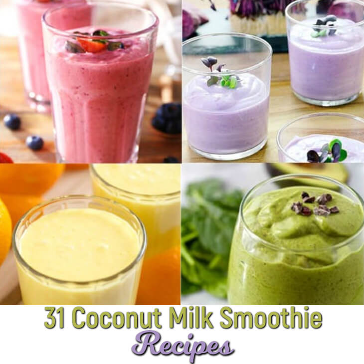 31+ links to coconut milk smoothies--healthy recipes--some are for weight loss (some are keto/low carb!), all can be used for breakfast, snacks, or desserts.