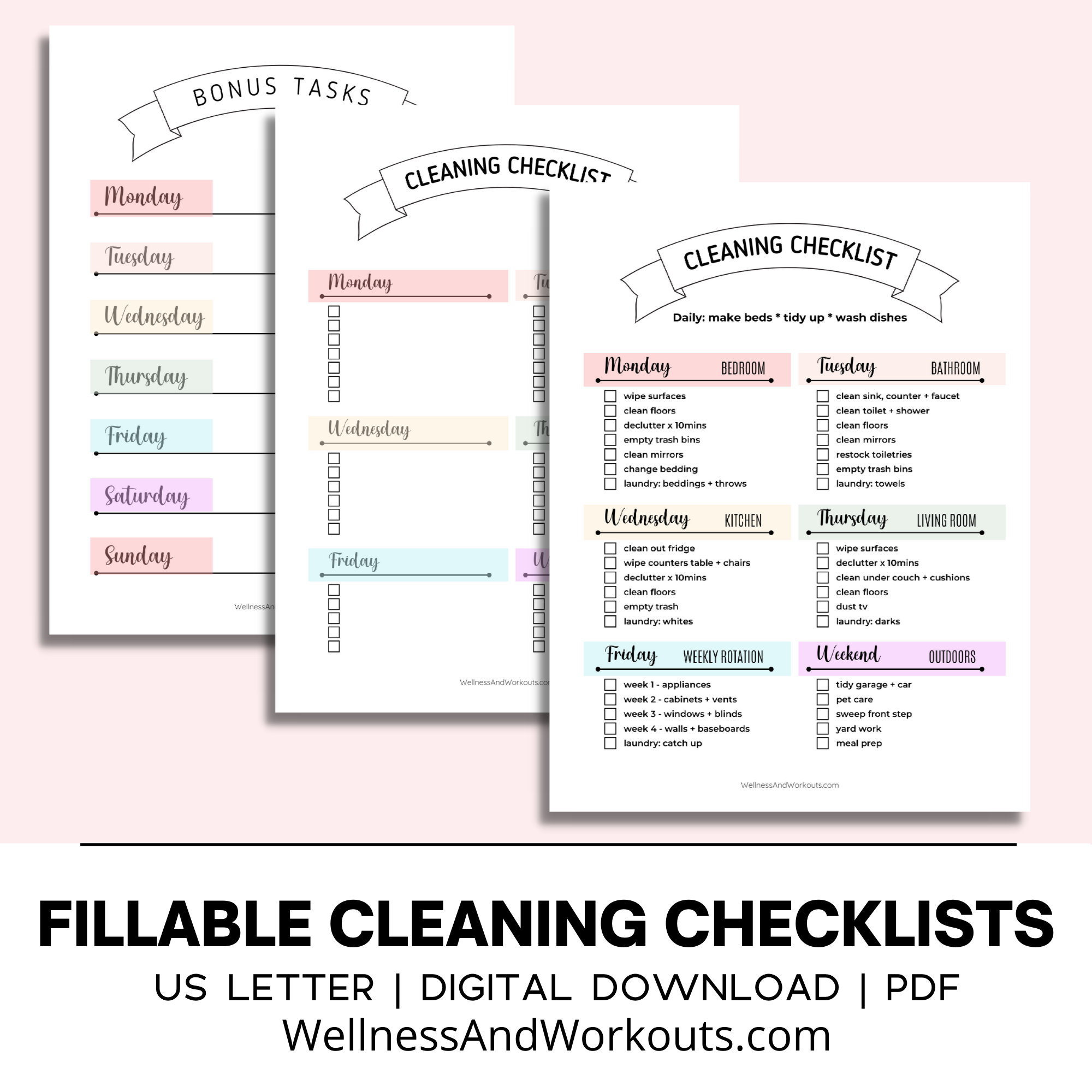 Printable giveaways August 2023 image showing the fillable cleaning checklists, one of eight different printable products that you can enter to win in August 2023.