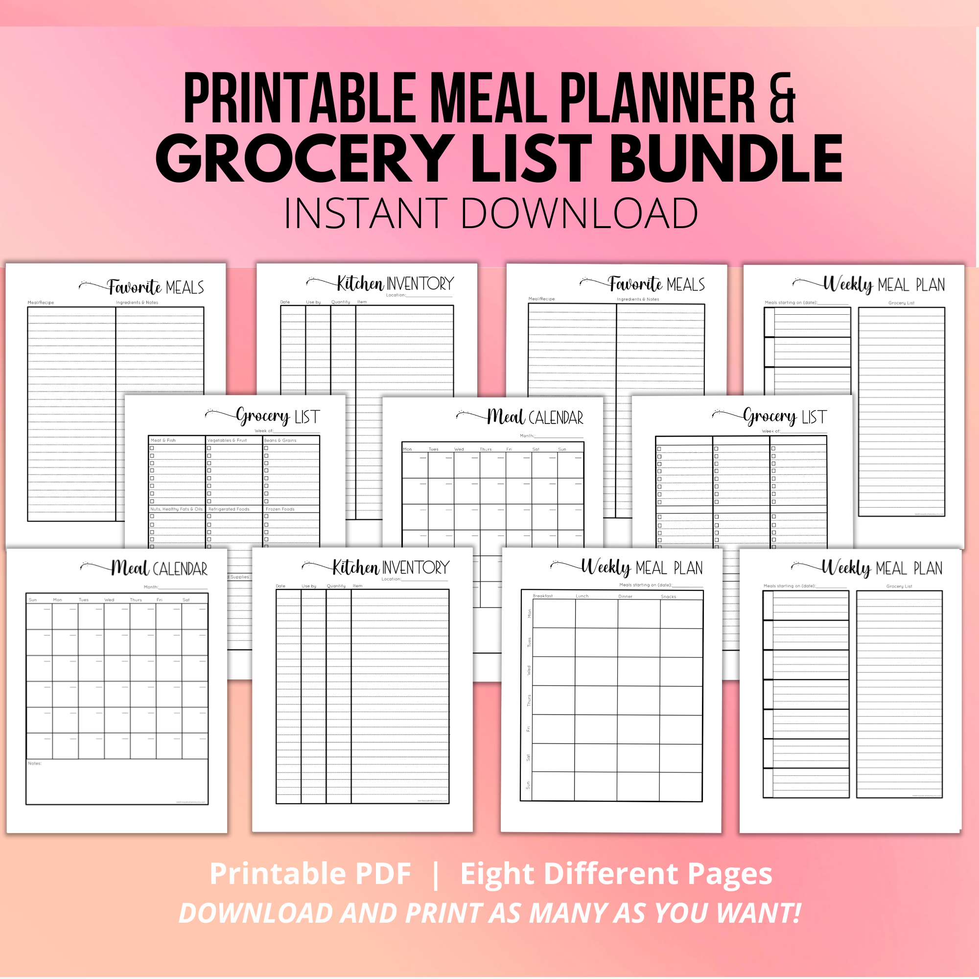 Printable giveaways August 2023 image showing the printable meal planner and grocery list, one of eight different printable products that you can enter to win in August 2023.