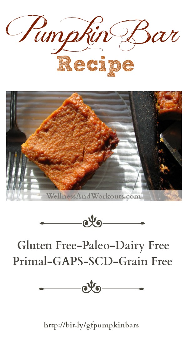 Gluten free, grain free, dairy free Pumpkin Bar Recipe. Paleo, Primal, GAPS, SCD legal. Delicious!
