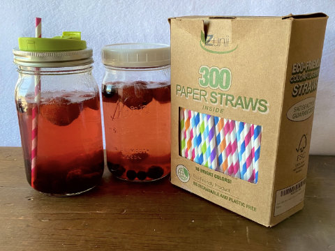 Glass jars with lids and straws, perfect for taking your weight loss smoothie or spa water with you on the go.